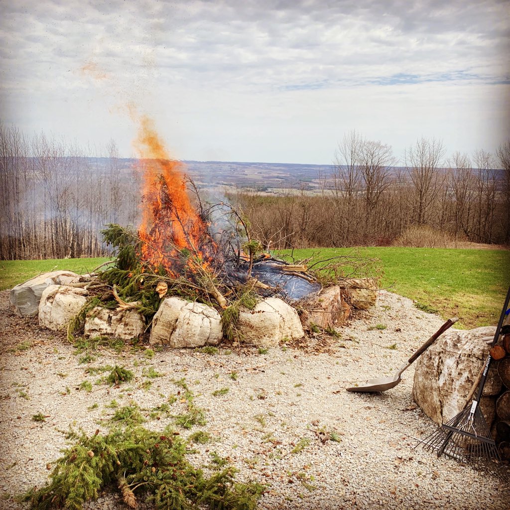 Giant bonfire 😁 cleaning up all those downed limbs. Will chip some for the trails too.  #greyhighlands #bluemountain #jeep #dodgeram #stihl #CampFire