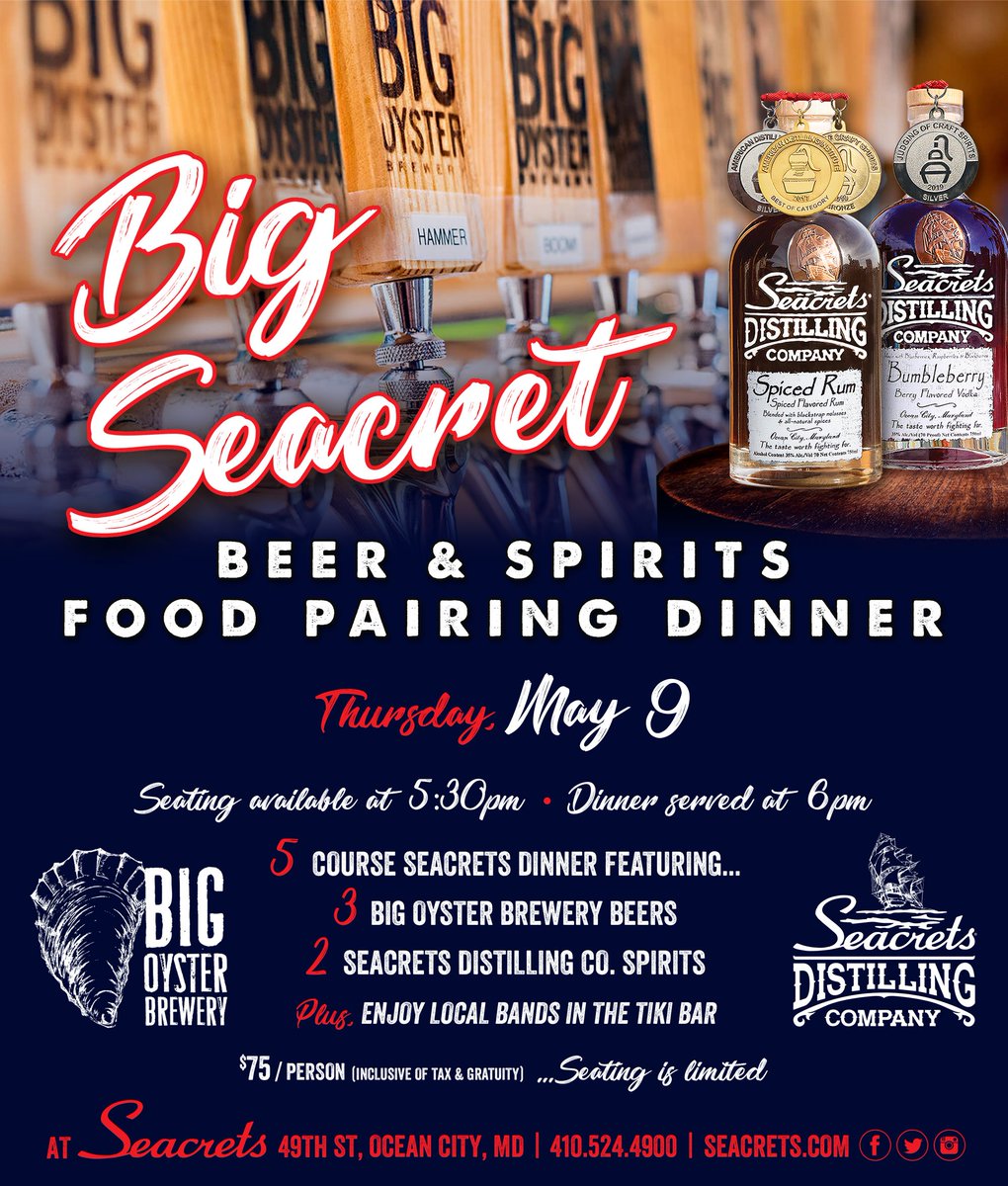 We've teamed up with <a href="/BigOysterBrew/">Big Oyster Brewery</a> to bring you the Big Seacrets Beer &amp; Spirits Food Pairing Dinner Thurs, May 9! Tickets on sale at Seacrets, Big Oyster and seacrets.com/bigseacretdinn…
#seacretsspirits #bigoysterbrewery #seacretsdistilling #seacrets #oceancity #ocmd #localcrafts