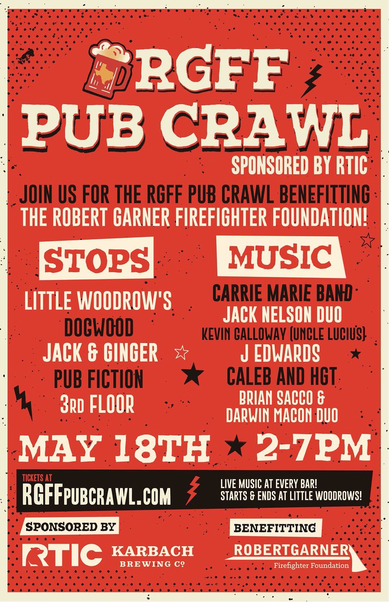 Save the date! 5/18 RGFF Pub Crawl, presented by <a href="/RTICCoolers/">RTIC Outdoors</a> in <a href="/midtownHOU/">midtownHOU</a>! Amazing Texas #RedDirt Country Music at each of the 5 stops, plus awesome <a href="/karbachbrewing/">Karbach Brewing</a> brews! Tickets on sale now at RGFFPubCrawl.com! #Karbach #RTIC #RGFF