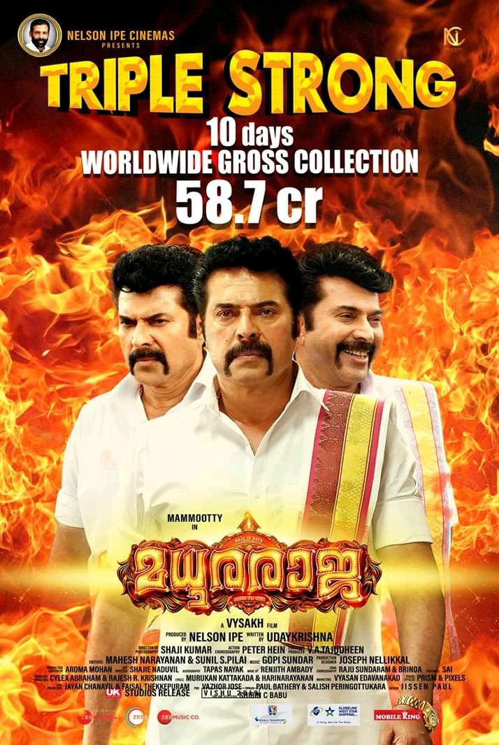 LMKMovieManiac's tweet photo. Official boxoffice collections poster of #Megastar @mammukka's latest mass entertainer #MadhuraRaja directed by #Pulimurugan fame Vysakh. Mass Winner 👏 https://t.co/4pj28QaS4y