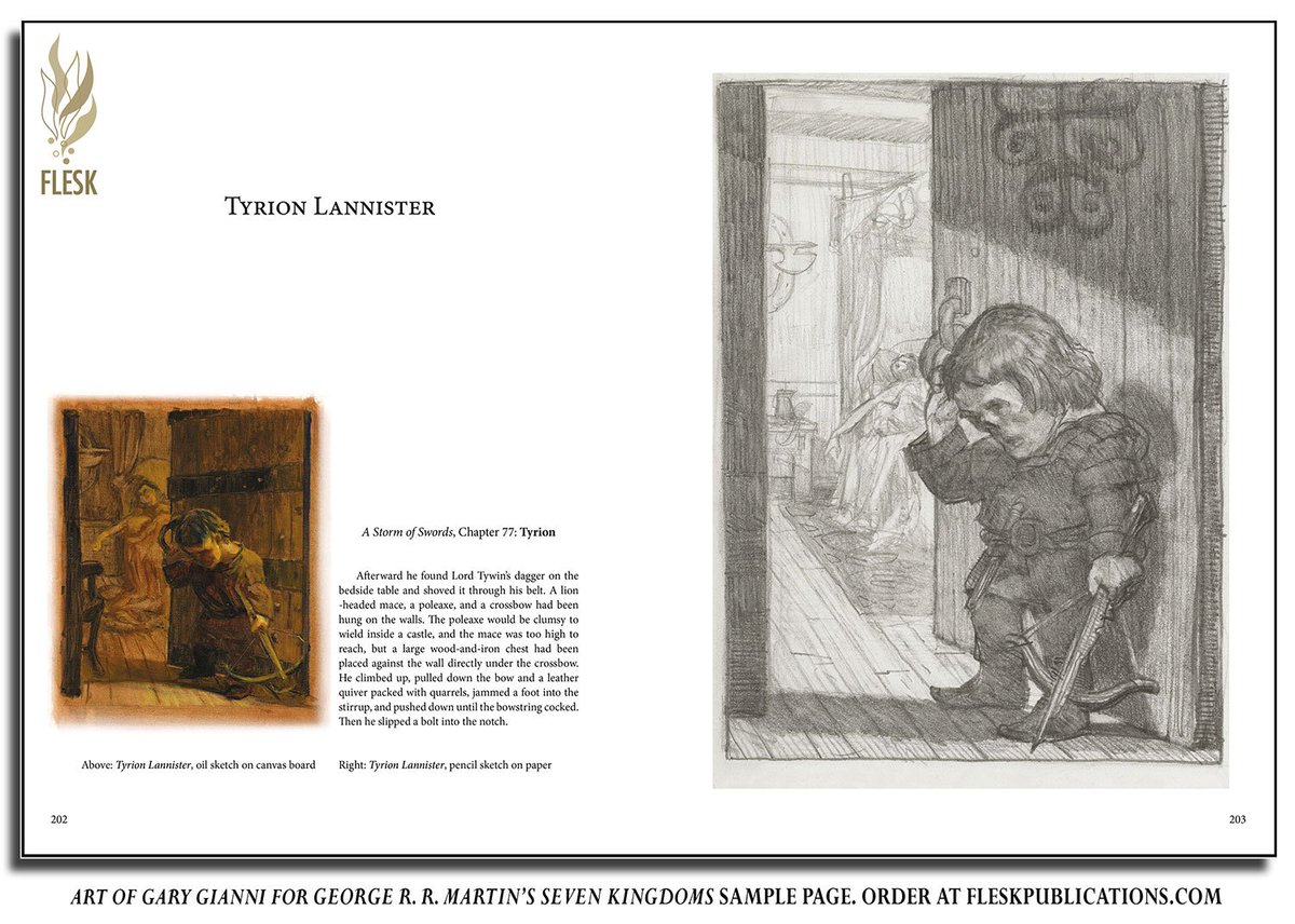 Sample book spread for the Art of Gary Gianni for George R. R.  Martin’s Seven Kingdoms. 

There's a deluxe edition signed by Martin and Gianni, as well as a beautiful hardcover trade edition.

 You can learn more and pre-order here:
 fleskpublications.com/gary-gianni