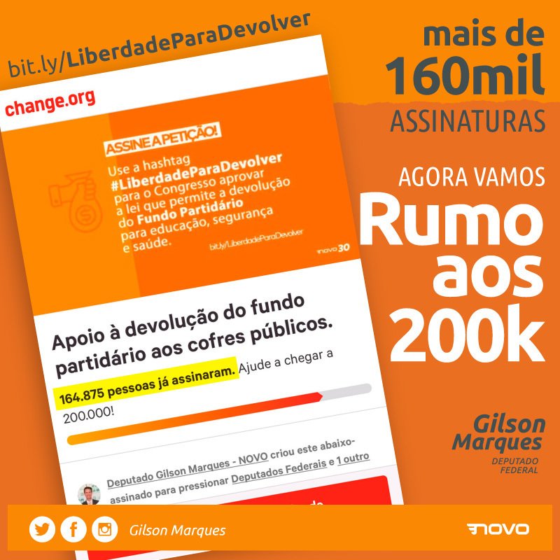 gilson__marques's tweet photo. JÁ RECEBEMOS MAIS DE 160 MIL ASSINATURAS! Obrigado!
Agora a meta é 200 mil! 
Compartilhe nas suas redes o abaixo-assinado no Partido NOVO, para a devolução do #fundopartidário aos cofres públicos.
⠀
Use a hashtag #LiberdadeParaDevolver

@novonaprática @partidonovo30 https://t.co/qDzwEcosRV