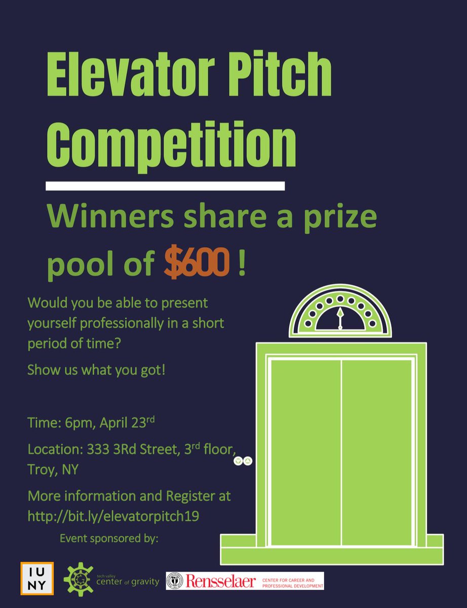 You already pitch your business all day every day, why not do it for a chance to win some cash? Join us TOMORROW for our first elevator pitch competition in the actual elevator of the Quackenbush building here in downtown Troy. Sign up: bit.ly/elevatorpitch19