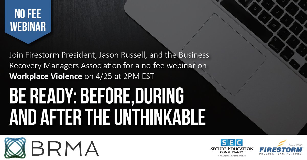 Join Firestorm President, Jason Russell, and the Business Recovery Mangers Association this Thursday at 2PM EST for a 3-part series on Workplace Violence. 
Register here: ow.ly/kW2350rauf1