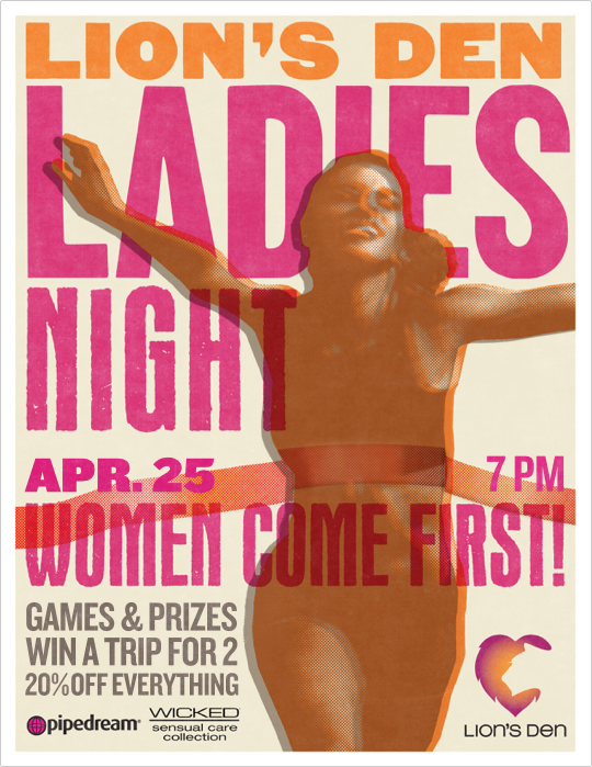 thelionsden's tweet photo. Join us 4/25/19 for Ladies Night! 🏝️ ✈️ Enter to WIN a #vacation #trip for two - 20% OFF everything in the store - #Games, #Prizes, and More! For details visit: https://t.co/G7f8ia4nda | Powered by @pipedreamtoys and @WickedSensual 💖#ladiesnight #womencomefirst #lionsden https://t.co/aDvCup2Gpv