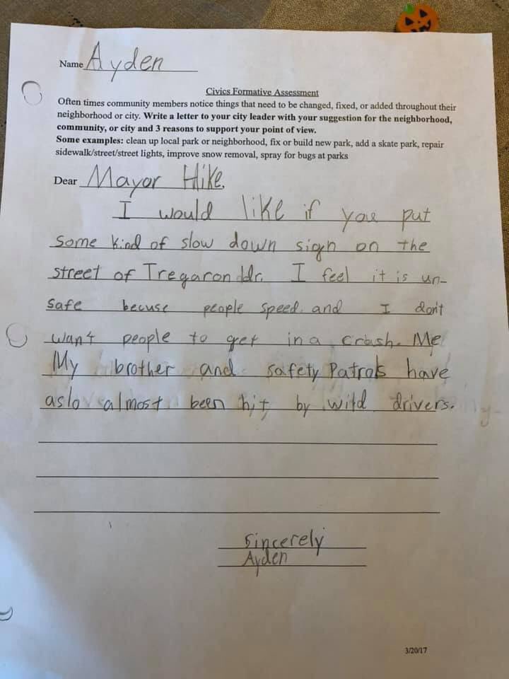 huskerfire's tweet photo. My son Ayden is in 3rd Grade at Fairview Elementary. He had to write something to help the community. Today he was almost hit by a truck going around the cars entering the school. Something needs done, we see it daily! @BellevueSchools @BellevuePolice @SarpySheriff @Tamela_21 https://t.co/hTCDTy6yLE