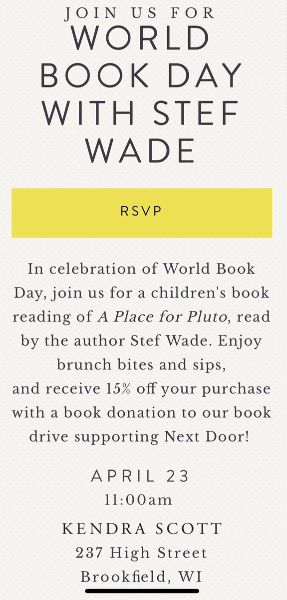 Stef_Wade's tweet photo. Join me at @KendraScott at The Corners of Brookfield tomorrow for a special story time for #worldbookday! #wisconsinmoms #aplaceforpluto #kidlit https://t.co/8PjQlZIOyq