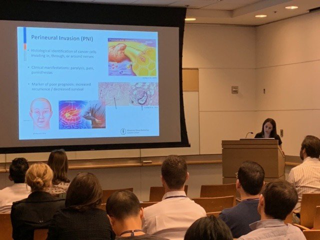 MSKCC_SSit's tweet photo. Chief Administrative Research Fellow & @YaleSurgery resident @andrea_marcadis from the #WongLab discussed her in depth analysis of how aggressive #PNI (perineural invasion) can contribute to poor prognosis, increased recurrence and decreased survival. #MSKImpact #SurgeonScientist https://t.co/Z9lQafMXxj