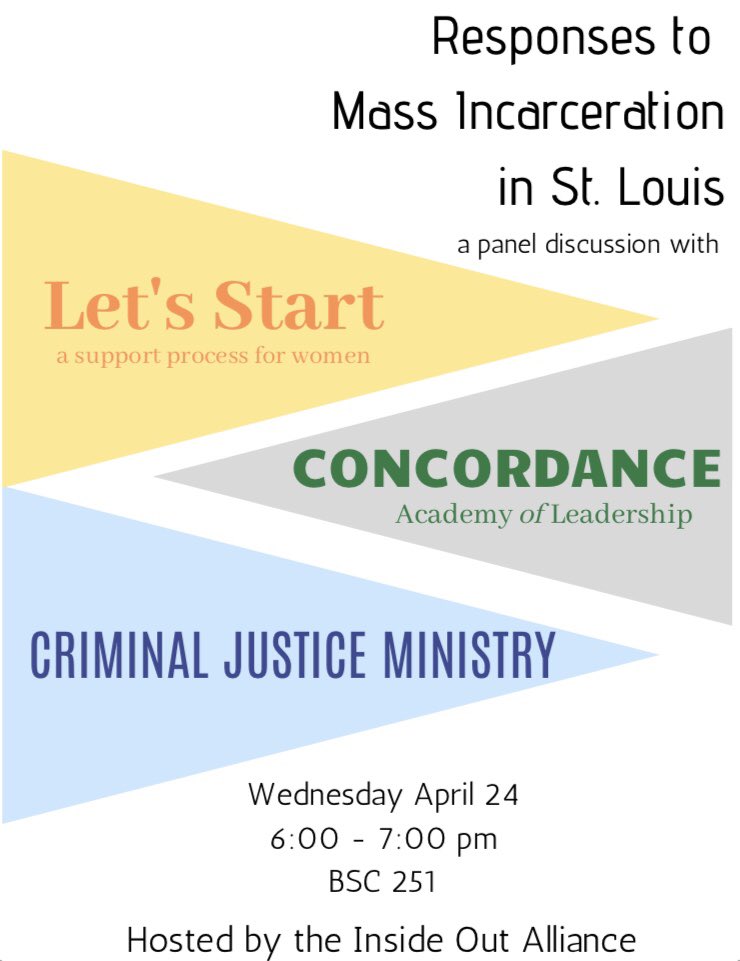 Please join the St. Louis chapter of the Inside Out Alliance this Wednesday for a conversation about local responses to mass incarceration. See you at 6pm, BSC 251.