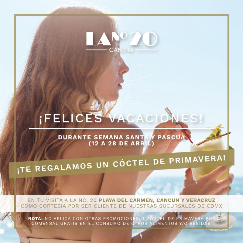 CantinaVeinte's tweet photo. Porque las #vacaciones consisten en hacer nada y disponer de todo el tiempo para hacerlo, desde nuestro #TotalBar vamos a consentirte. Te regalamos un cóctel de primavera al #Estilo20. Pónte algo cómodo, presenta esta imagen en nuestras sedes Veracruz, ... https://t.co/dsijjp2SR6 https://t.co/TmG9sm0ob6