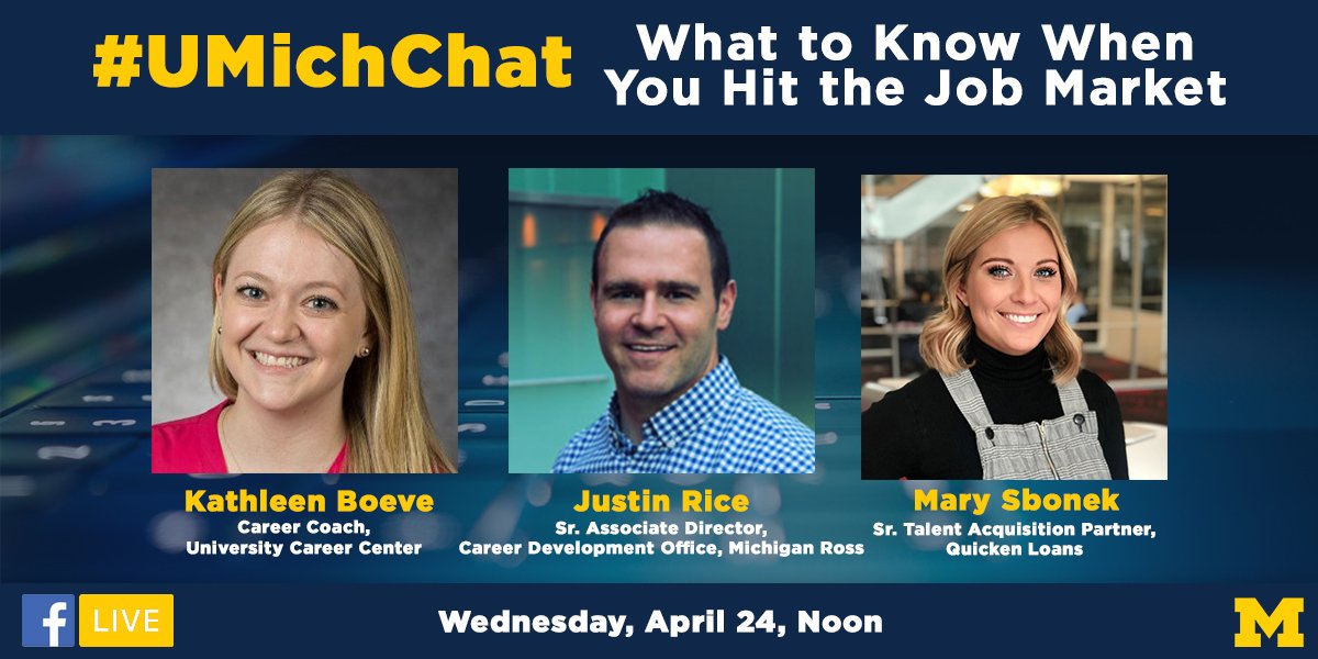 UMich's tweet photo. This Wednesday, join our experts from @MichiganRoss, the @careercenter, and @QLCareers for a LIVE discussion on best practices and strategies for navigating the job market. Join the conversation. #UMichChat https://t.co/IjMOHCFx8y