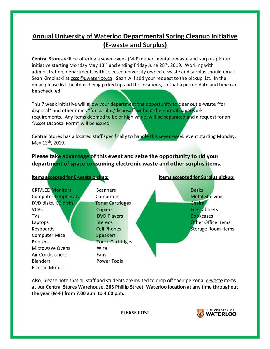 It's that time again! We are conducting our annual campus-wide cleanup initiative from Monday, May 13 until Friday, June 28. As always, faculty, staff &amp; students are welcome to drop-off any unwanted e-waste items throughout the year at our Central Stores warehouse M-F 7:30am-4pm