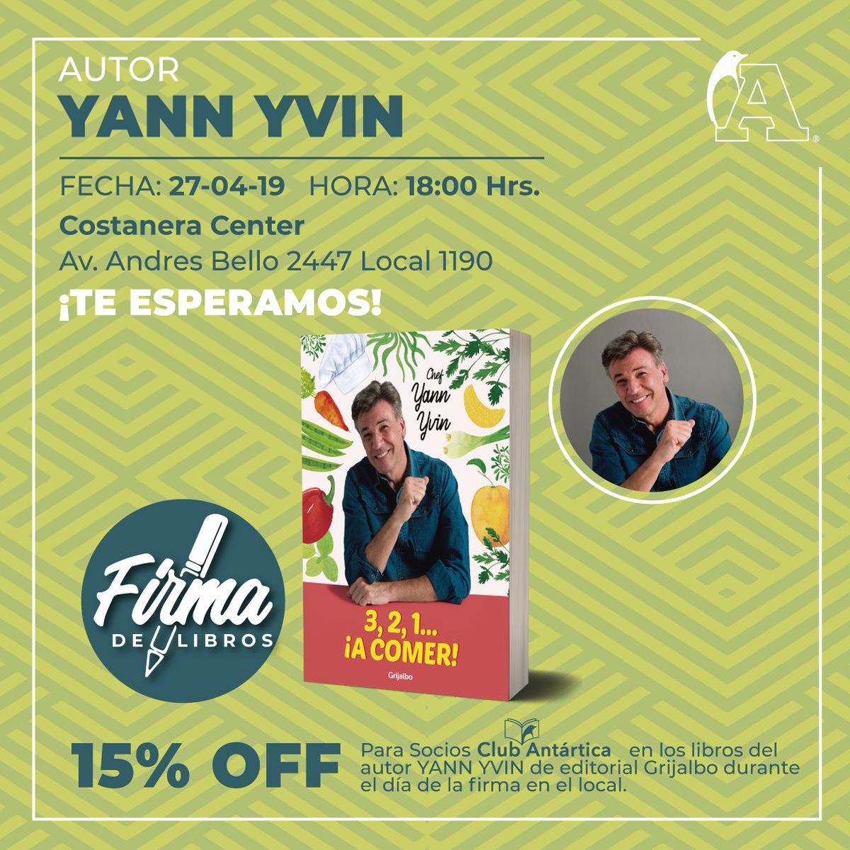 Es semana que celebramos el #DíaInternacionalDelLibro te invitamos a un encuentro con
@JParadaHoyl y @raffadigi 24/4 en <a href="/Drugstore_cl/">Drugstore</a> 19H
<a href="/andreacardemilr/">Andrea Cardemil</a> 25/4 en <a href="/Psicologia_UAI/">Psicología UAI</a> 19H
#BernarditaOlmedo 26/4 en <a href="/LeeHoyTW/">Lee Hoy</a> 17H
<a href="/YannYvin/">Yann Yvin</a> 27/4 en <a href="/antartica_cl/">Antartica Libros</a> 18H