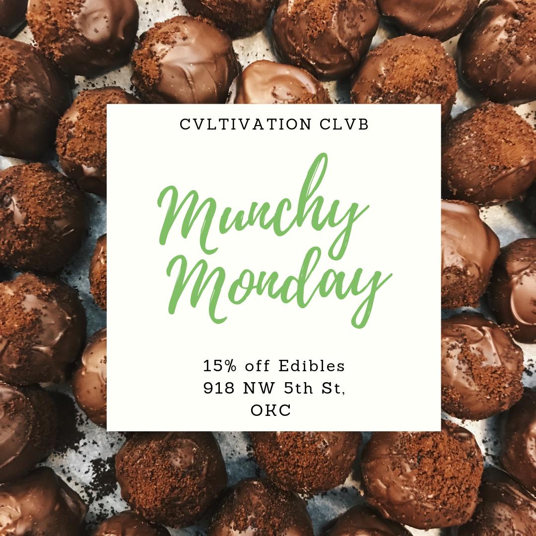 CvltivationC's tweet photo. Munchy Monday! 15% off edibles all day! Start your week right. #TheClvb #Dispensary #Munchies #MMJ #CannabisCulture #CannabisCommunity #Cannabis #MedicalMarijuana #Edibles #Monday #OKC #THC #CBD #Tasty https://t.co/f8J1Qx1HWw