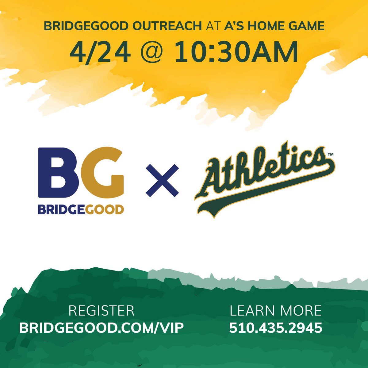 Students &amp; Designers: Passionate about the #OaklandAs and #BRIDGEGOOD? Join our team on Wed 4/24 at #OaklandColiseum - we'll be tabling and engaging with hundreds of <a href="/Athletics/">Athletics</a> fans sharing <a href="/bridgegood/">BRIDGEGOOD</a> inspiration! #InspireOakland | Free sign up at bridgegood.com/vip