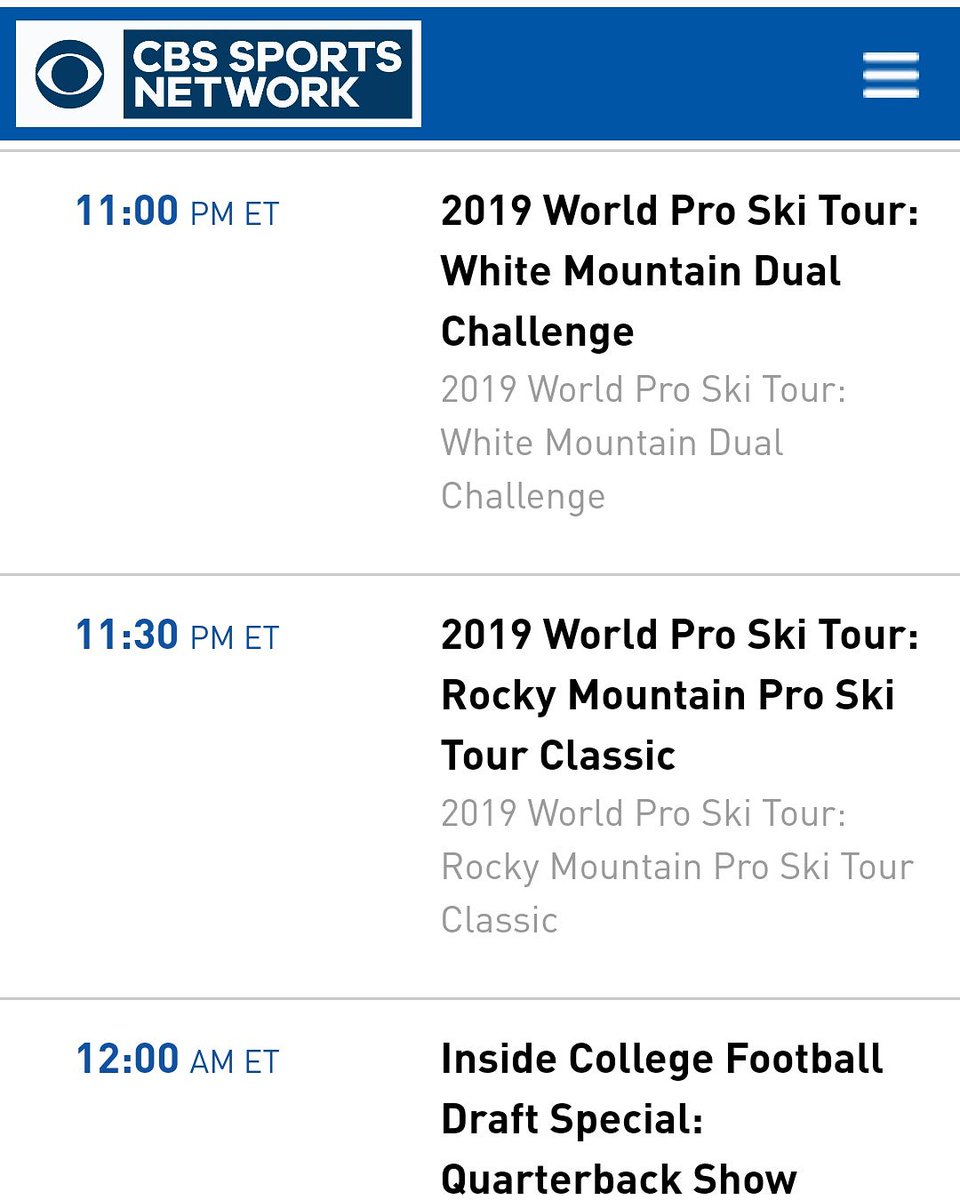 World Pro Ski Tour (@worldproskitour) on Twitter photo Getting closer! Only a few more hours until we get to go back to @waterville_valley via <a href="/cbssports/">CBS Sports</a> for the White Mountain Dual Challenge! Looks like we have a double feature here also; if you missed the Rocky Mountain Classic <a href="/beavercreek/">beavercreek</a> you get one more chance to catch it again Getting closer! Only a few more hours until we get to go back to @waterville_valley via <a href="/cbssports/">CBS Sports</a> for the White Mountain Dual Challenge! Looks like we have a double feature here also; if you missed the Rocky Mountain Classic <a href="/beavercreek/">beavercreek</a> you get one more chance to catch it again