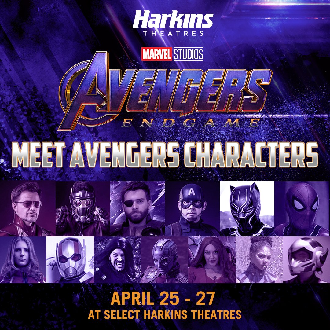 HarkinsTheatres's tweet photo. Celebrate the release of Avengers: Endgame with your favorite Avengers characters! Elevate your opening weekend experience by taking your picture with some of the most beloved superheroes in the universe. 

For appearance schedule, visit: https://t.co/1PAjVP4Wql https://t.co/QyQinwPnmA
