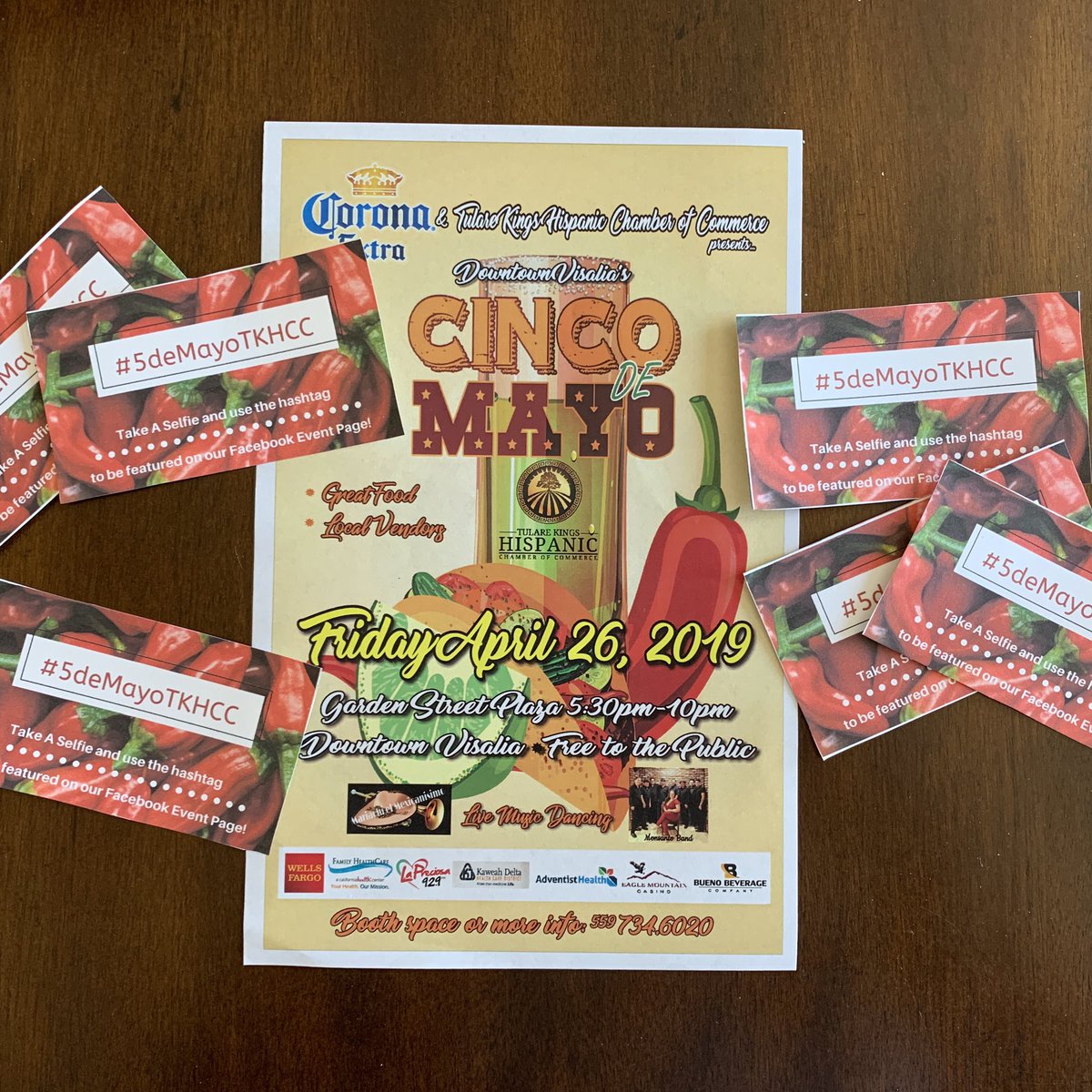 SnapPopSocial's tweet photo. We are introducing HASHTAG cards this year at the Tulare Kings Hispanic Chamber of Commerce’s Cinco de Mayo celebration! If you use the hashtag #5deMayoTKHCC on a public Social Media account or post, we will feature your photo on the EVENT PAGE! Keep those selfies coming! 🌶 https://t.co/DkbQtdJ1NI