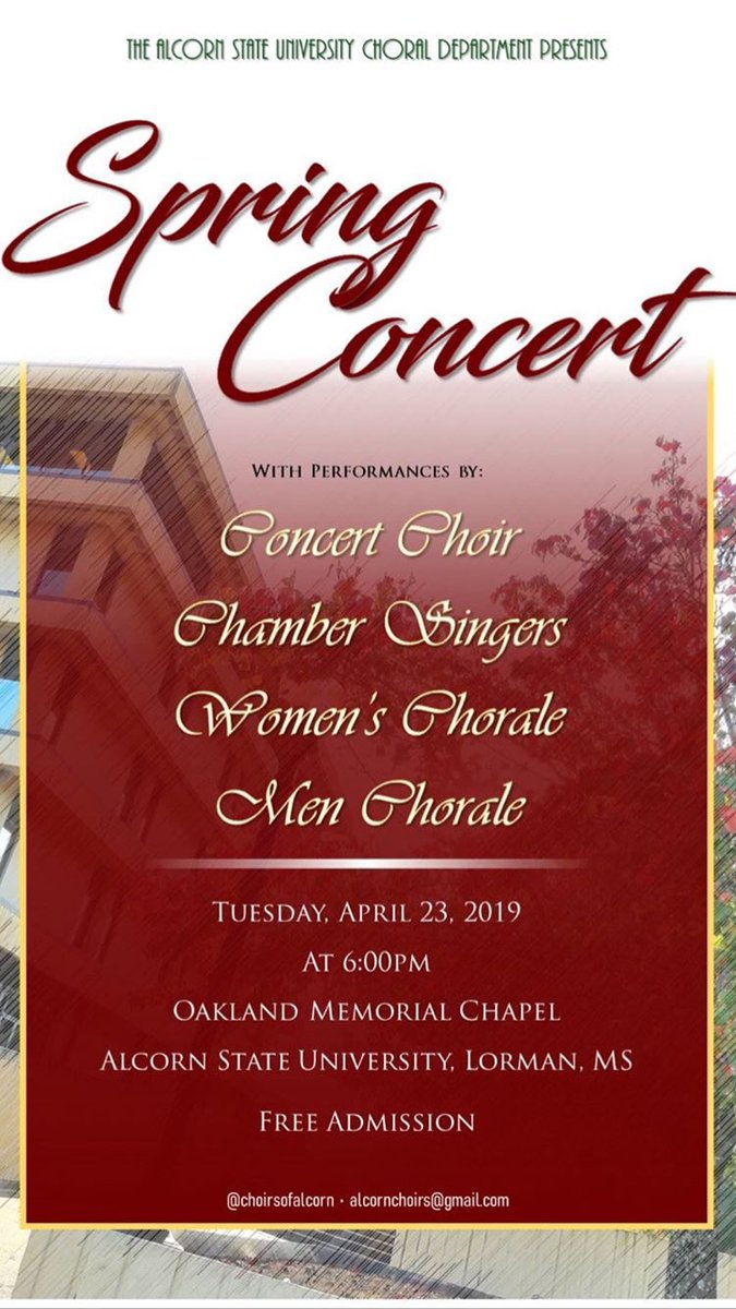 Come join us as we host our final concert for this semester tomorrow night in the Oakland Chapel at 6. Free admission! See you there!! #Alcorn #ConcertChoir #SingingBraves #HBCU