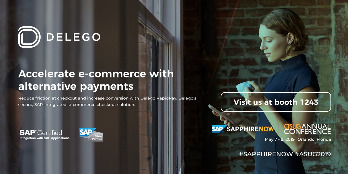 Delego's tweet photo. Only two weeks to #SAPPHIRENOW + #ASUG2019! Want to learn how to integrate #alternative #payments in #SAP, devalue cardholder data, and reduce #PCI compliance burdens? Plan to meet with us at booth 1243 for a live demo of Delego RapidPay. #ecommerce @ASUG365 @SAPPHIRENOW https://t.co/KqJWvLkn19
