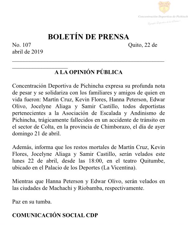 Comunicado oficial de Concentración Deportiva de Pichincha ante el sensible fallecimiento de escaladores y montañistas de la provincia en accidente de tránsito (+)
Luto en Ecuador 🇪🇨 <a href="/DeporteTA/">DEPORTE TOTAL</a> <a href="/teleamazonasec/">Teleamazonas</a>