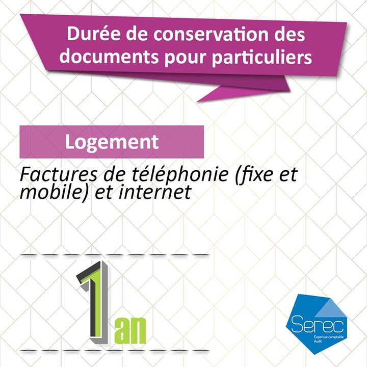 SERECExperts's tweet image. Durée de conservation des documents pour particuliers

Factures de téléphonie (fixe et mobile) et internet : 1 an #serecexperts