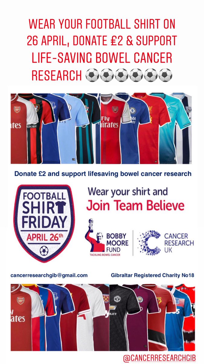 giovoig's tweet photo. Get your kit on – 5 days to go until #FootballShirtFriday! 👕 Give a shirt about beating bowel cancer and join in with the fun!  
#Gibraltar  wear your Football shirt to work, donate £2 and support life-saving bowel cancer research 🙌🏻
#bobbymoorefund #FootballShirtFriday 💙 https://t.co/PR2UHIPGKz