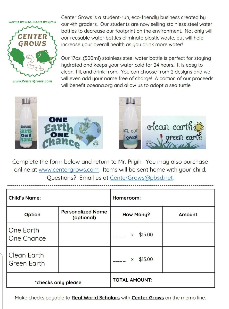 To celebrate #EarthDay2019 we are selling our 1st product!  Our stainless steel water bottles will not only eliminate plastic waste, but part of the proceeds will help us adopt a sea tutle from oceana.org. Visit us at centergrows.com for more info!