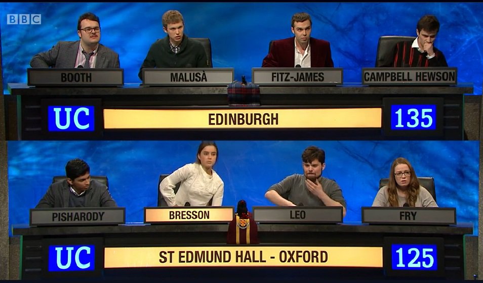 JonathanSSimms's tweet photo. That's the first time I've seen someone get out of their chair to buzz #UniversityChallenge https://t.co/wn9jXQB13j
