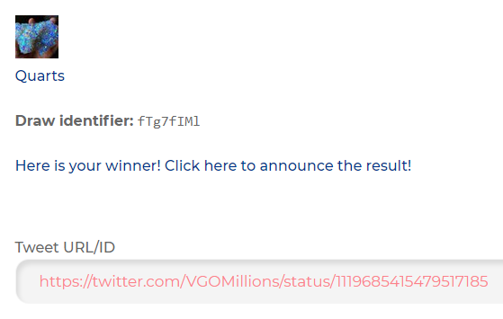 VGOMillions's tweet photo. Winner is @zeQuartz

You have 24h to DM us.

🤝Check
Draw identifier: fTg7fIMl
https://t.co/LTwvhn1HwZ https://t.co/P40LJNEviT