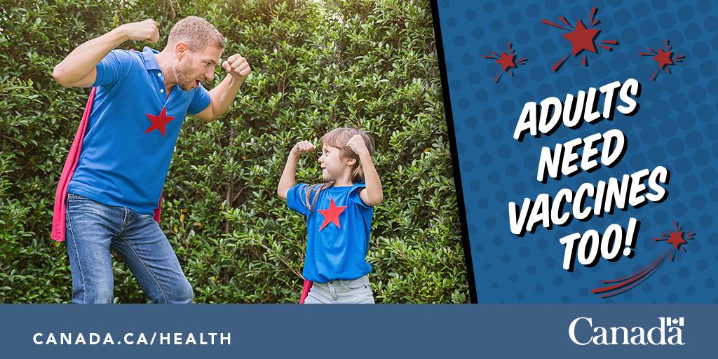 GovCanHealth's tweet photo. #AdultsNeedVaccinesToo! Serious diseases can affect anyone. Find out which vaccines you need to protect yourself, your loved ones and your community. https://t.co/1IFFxCQ0G6 #GetVax https://t.co/vMuF2RXW17