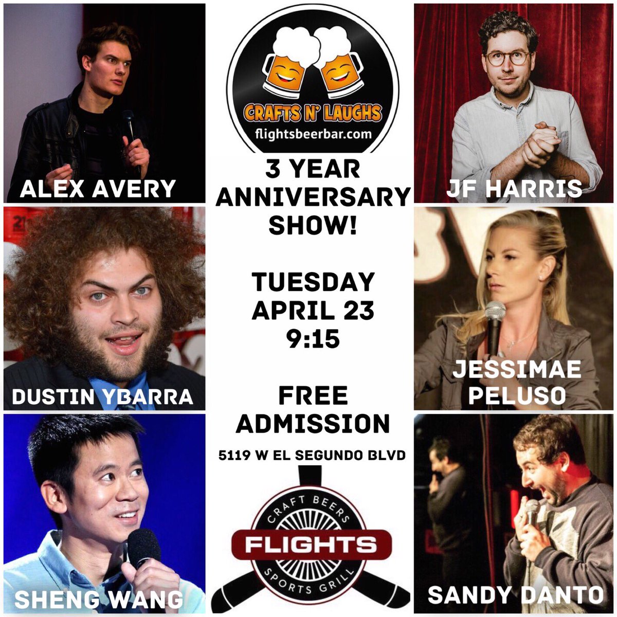 DaveWComedy's tweet photo. TUESDAY! We salute THREE years of weekly shows at @FlightsBeerBar!! Come check out this celebratory line-up at #CRAFTSnLAUGHS! #Hawthorne #ElSegundo https://t.co/34AmXOQ9aB