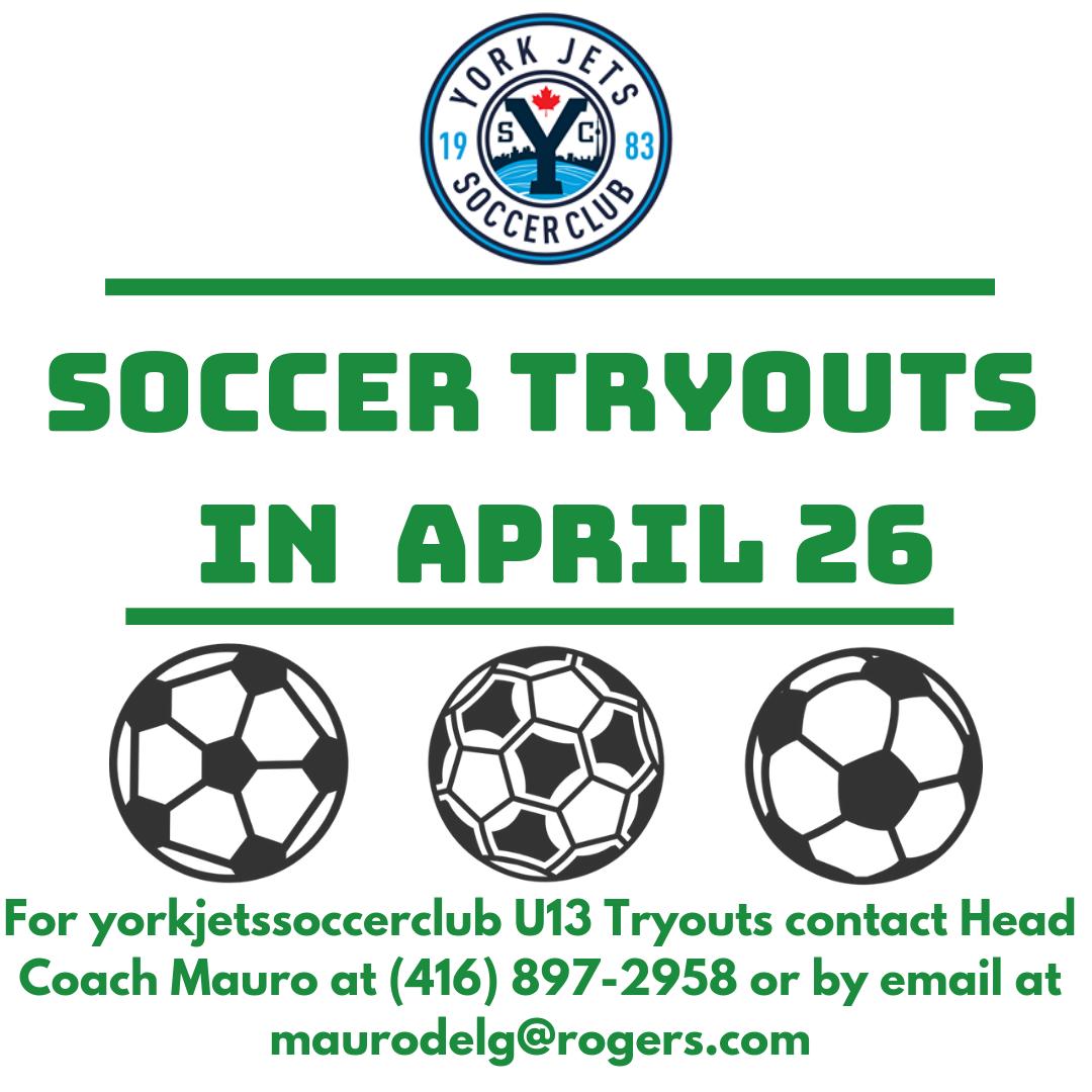Soccer #Tryouts Competitive for 2006 Boys Rep #Team
April 26 , 7-9 PM. Contact (416) 897-2958 or maurodelg@rogers.com
#soccer #football #sport #sports #like #messi #ronaldo #follow #love #goal #YorkJetsSC #YorkJetsSoccerClub #YJSC #TorontoSoccer #Toronto #CanadaSports #community