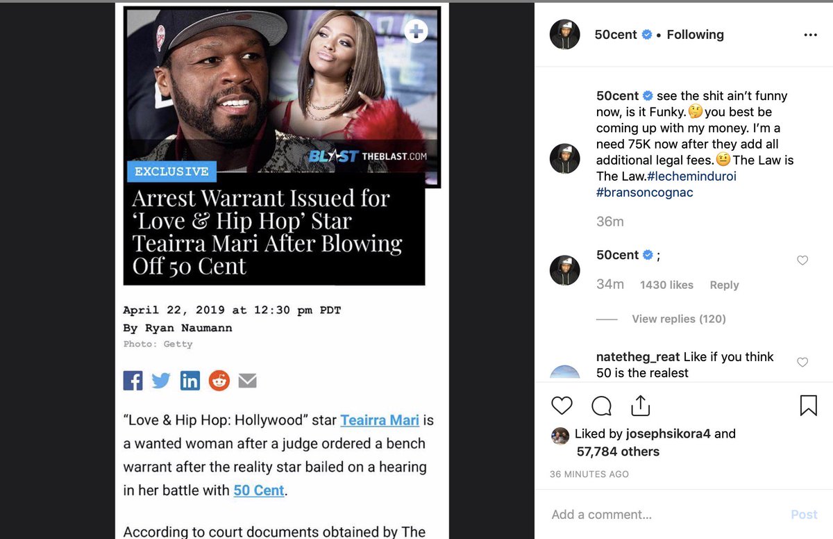 sohh's tweet photo. Oh - it's $75K now?? lol What if she says she still #AintGotIt tho 50??? lol j/k @50cent @Teairra_Mari #SOHHNews https://t.co/cwJeU41Q1P