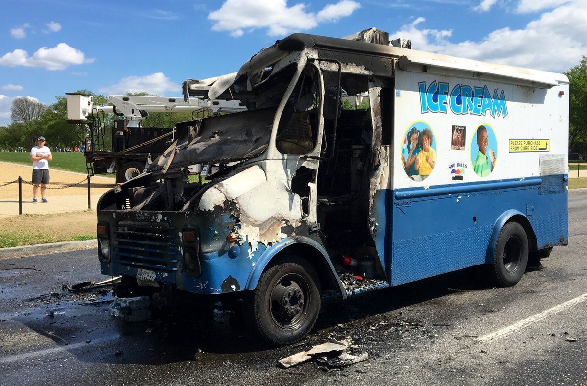 Monday An ice cream truck is heavily damaged after bursting into