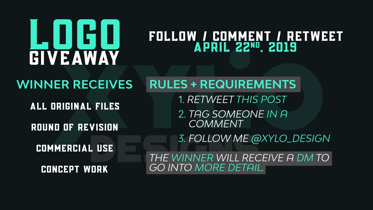 🔷CUSTOM LOGO GIVEAWAY🔷

1. Retweet This Post
2. Tag Someone in a Comment
3. Follow Me @Xylo_Design 

I will DM The Winner at 8PM [4/22/19(US CT)

#giveaway #giveaways #Twitchstream #TwitchStreamers  #twitchaffiliate #logogiveaway #Logo #contentcreation #branding #GiveawayAlert