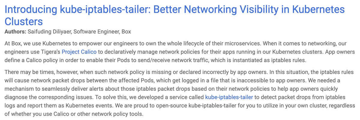 #currentlyreading on the blog: Saifuding Diliyaer talks about kube-iptables-tailer for better networking visibility in #Kubernetes clusters 👇kubernetes.io/blog/2019/04/1…