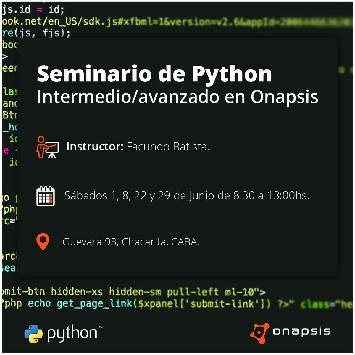 onapsis's tweet image. bit.ly/seminario-pyth… ¡Vení al Seminario de Python con @facundobatista en Onapsis! Abierto a toda persona con una base de Python que buscan formalizar y establecer una estructura para explorar temas avanzados. Contenidos, inscripción y becas. ¡Sumate! #Python #PythonAR