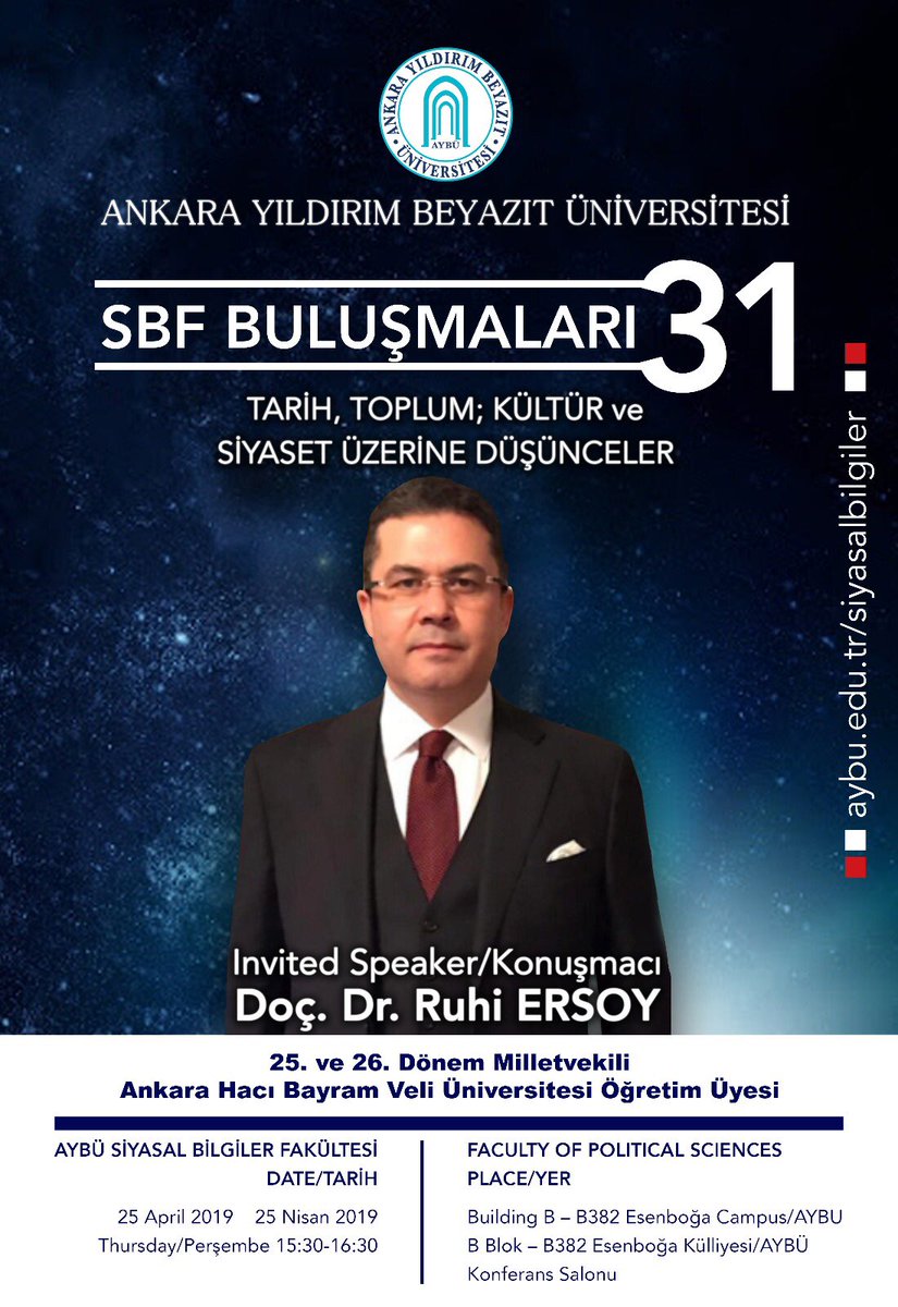 SBF Buluşmaları’nın konuğu Doç. Dr. <a href="/ersoyruhi/">🇹🇷Prof. Dr. Ruhi ERSOY</a> hoca.

Tarih, Toplum, Kültür ve Siyaset Üzerine Düşünceler

📅 25 Nisan 2019 Perşembe
⏰ 15.30
📌 Esenboğa Külliyesi B382