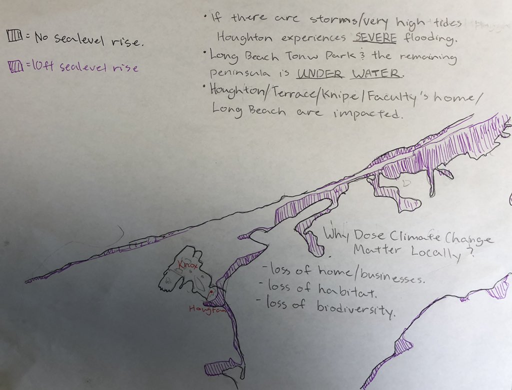 knox_science's tweet photo. For #EarthDay middle school scientists explored what #ClimateChange means locally. We used @NOAA’s #sealevelrise visual tool to see how our @knoxschool is impacted by ocean rise. Here’s Victoria’s (6th grade) before/after drawing showing the impact to Knox &amp; our surrounding area. https://t.co/idfyumDKDz