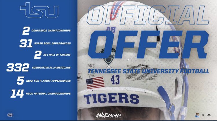 AlmightyKhael's tweet photo. Blessed and Proud To Have Recieved My First Offer From Tennessee State University!π¦ @CoachMashack #BigBlueRising #GoTigers @CoachCreasy_OHS @CBAElite7v7 https://t.co/PHV66zuD2P
