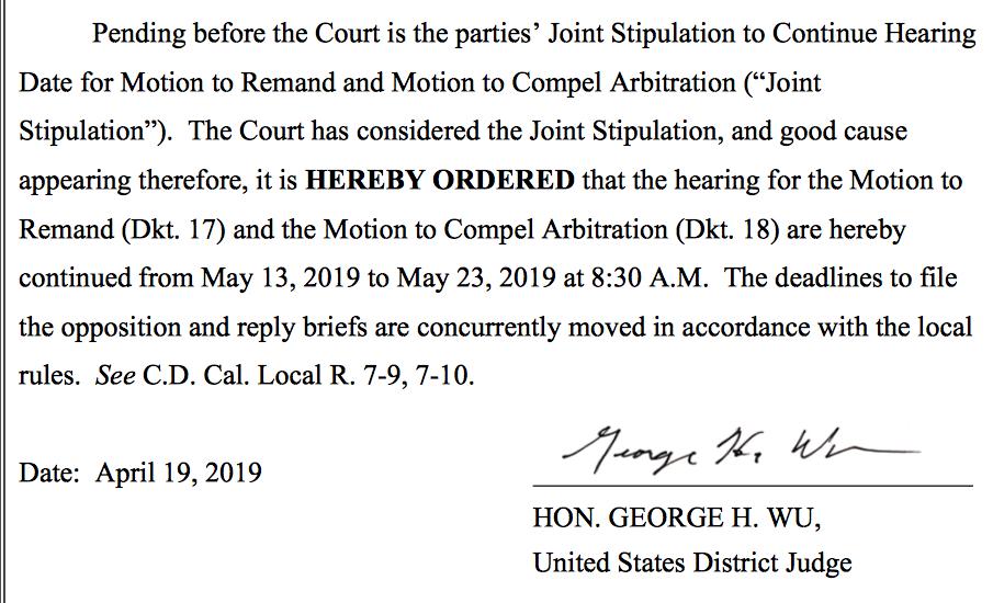 andjustice4some's tweet photo. Update:  As previously tweeted, Judge Wu had ordered that the hearing for both the motion to remand to state court and the motion to compel arbitration filed by the Michael Jackson Estate v HBO will be heard on 5/23/19. https://t.co/DF4CANIzqF