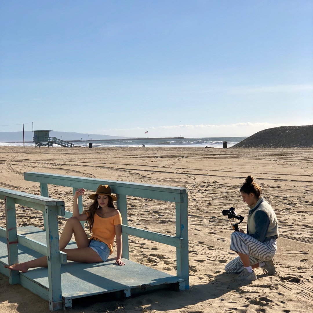 behind the scenes at Santa Monica Beach 💫  #ItsAllAboutTheSweater #525America @cami.taylor @karo_kangas 📸 @jameshoustonphoto