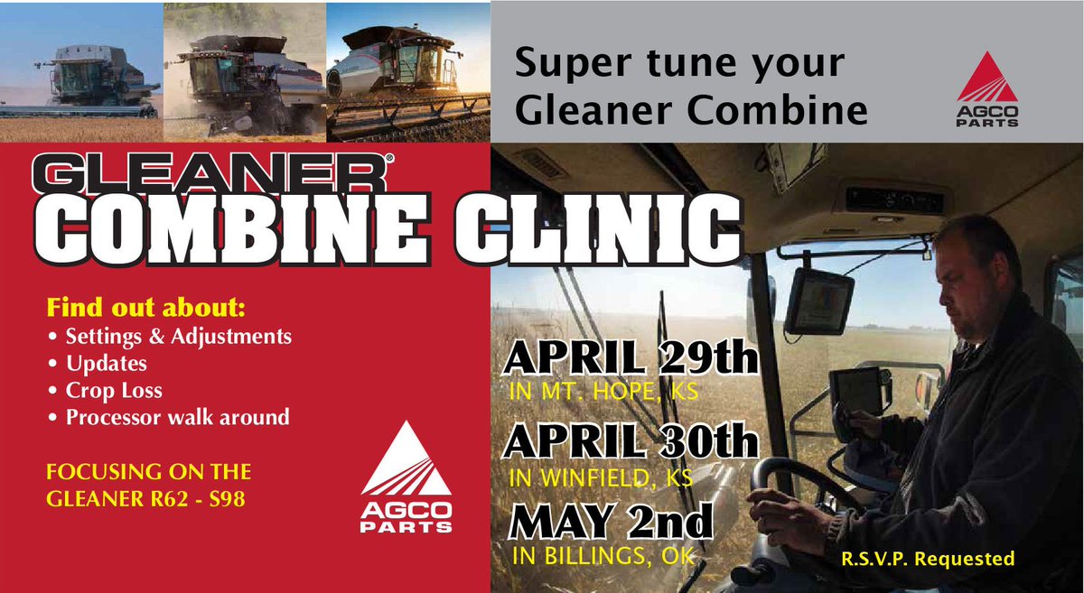Attention Kansas and Oklahoma Gleaner Owners!   Check out one of our clinics coming up next week.  RSVP now. schmidtinc.com/gleanercombine… <a href="/AGCOcorp/">AGCO</a>