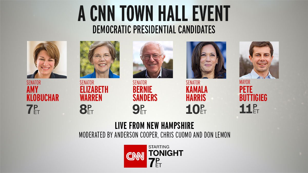 How will today’s Democratic candidates appeal to young voters? Hear from Bernie Sanders, Kamala Harris, Elizabeth Warren, Amy Klobuchar, and Pete Buttigieg in back-to-back CNN town halls. Live tonight starting at 7p ET https://t.co/gMSkF6xrjY