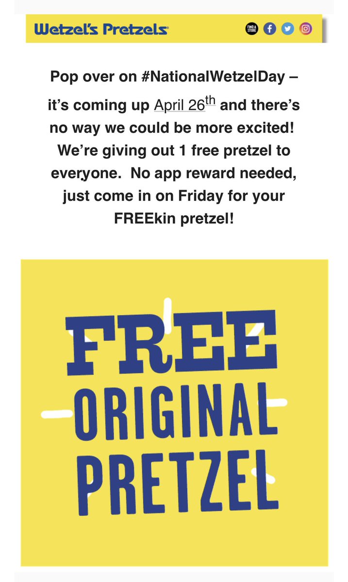 palanvinod's tweet photo. Pop over on #NationalWetzelDay - #April26 #wetzelPretzel #freekin pretzels #pretzels https://t.co/z8vMHeoX8i