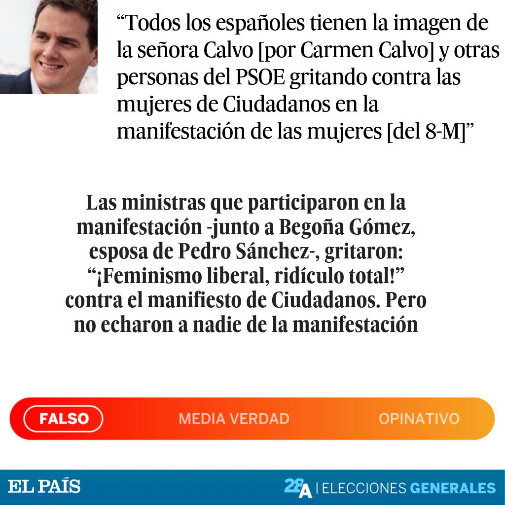 el_pais's tweet photo. El verificador de EL PAÍS en #ELDEBATEenRTVE | Rivera ha afirmado que las mujeres socialistas que asistieron a la manifestación del 8-M echaron a las mujeres de Ciudadanos. Es falso https://t.co/kRNvPAPBsJ