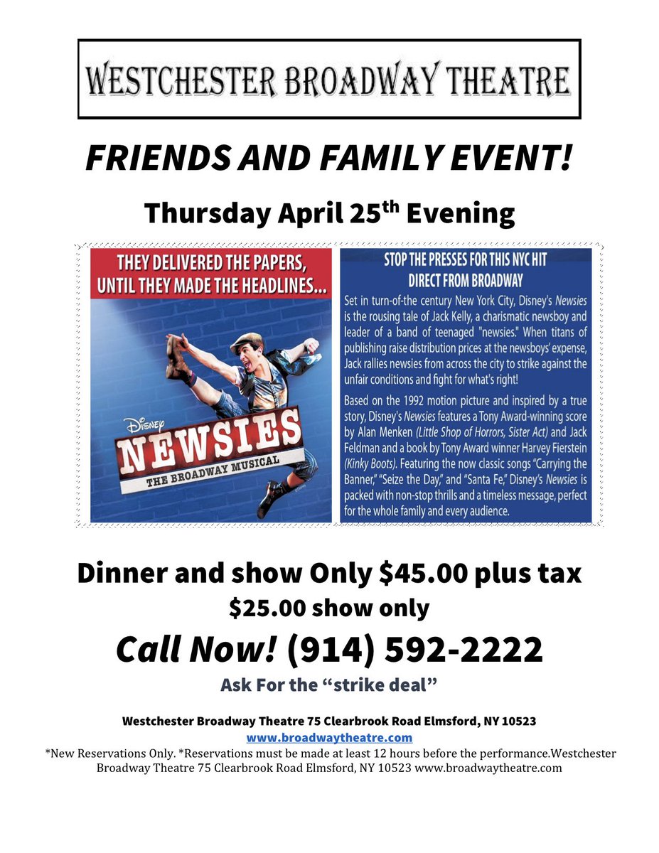 stuart_marland's tweet photo. A terrific discount has just been made available to Friends and Family for "Disney's Newsies" at #WestchesterBroadwayTheatre. Come see us #stopthepresses!!!  #newsiesforever 
Thurs Eve, Apr 25 and Fri Eve Apr 26, 2019 
Dinner and Show = $45 or Show Only = $25. https://t.co/aeLCcYBPaQ