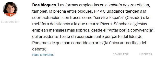 elpais_espana's tweet photo. Las conclusiones de @labellanhdez tras el minuto de oro en #ELDEBATEenRTVE https://t.co/syi8eTE53m https://t.co/oIcK1vgmqT