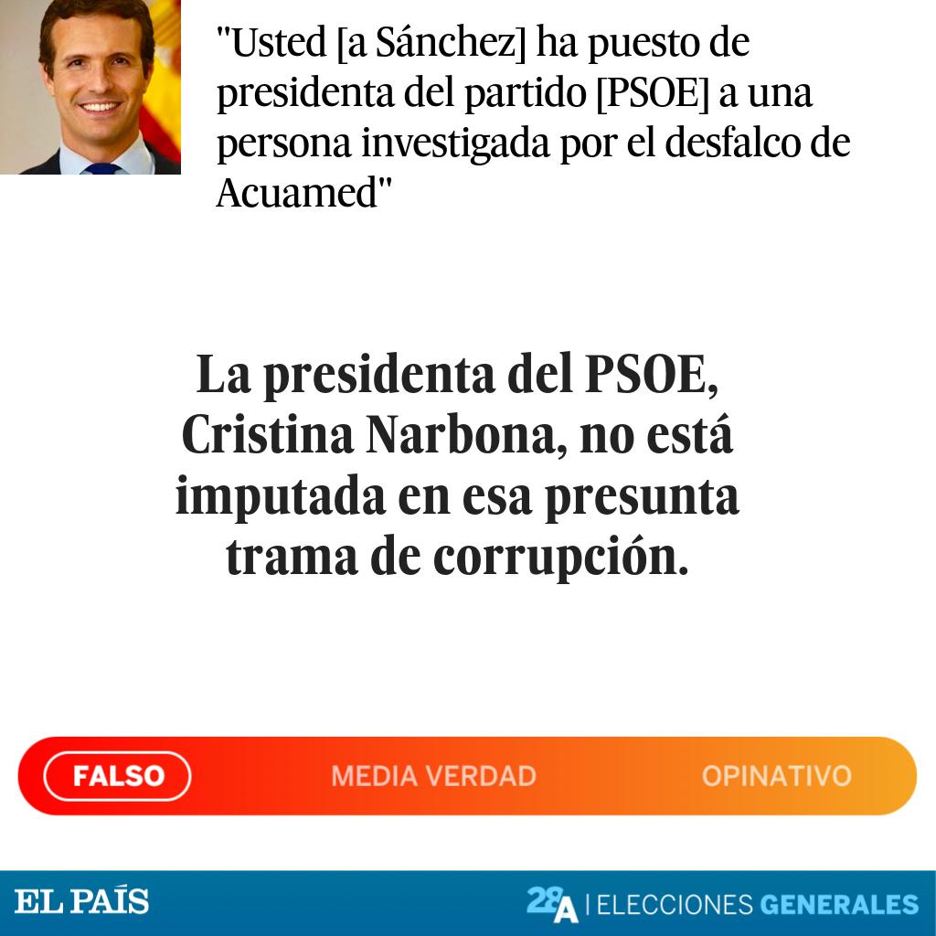el_pais's tweet photo. El verificador de EL PAÍS en #ELDEBATEenRTVE | Falso, Cristina Narbona no está imputada por el desfalco de Acuamed https://t.co/zAdJ3ksUBo